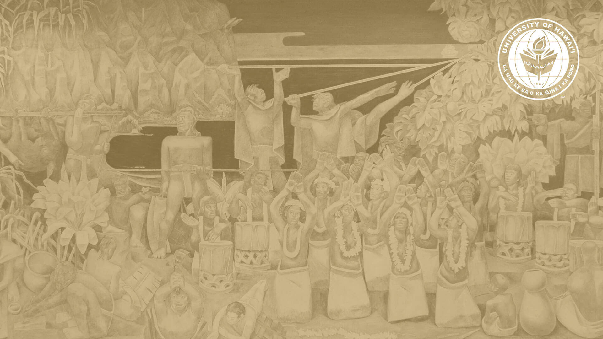  壁紙 — 一幅棕褐色調的壁畫描繪了充滿活力的夏威夷文化場景，人們在茂密的熱帶樹葉下跳舞和打鼓。