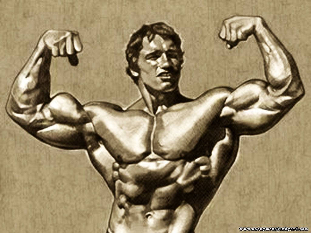 Arnold 桌布 壁紙 — 一幅棕褐色調的插圖，描繪一名肌肉發達的男子在紋理背景前彎曲雙臂展示其清晰的身形。