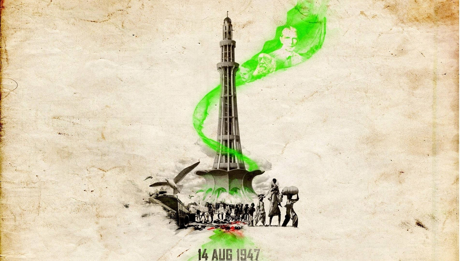 Pakistan 桌布 壁紙 — 一幅棕褐色調的插圖，描繪一座高塔，上面有一條綠色旋轉絲帶，絲帶上有一幅肖像，下方是人群和鳥類。