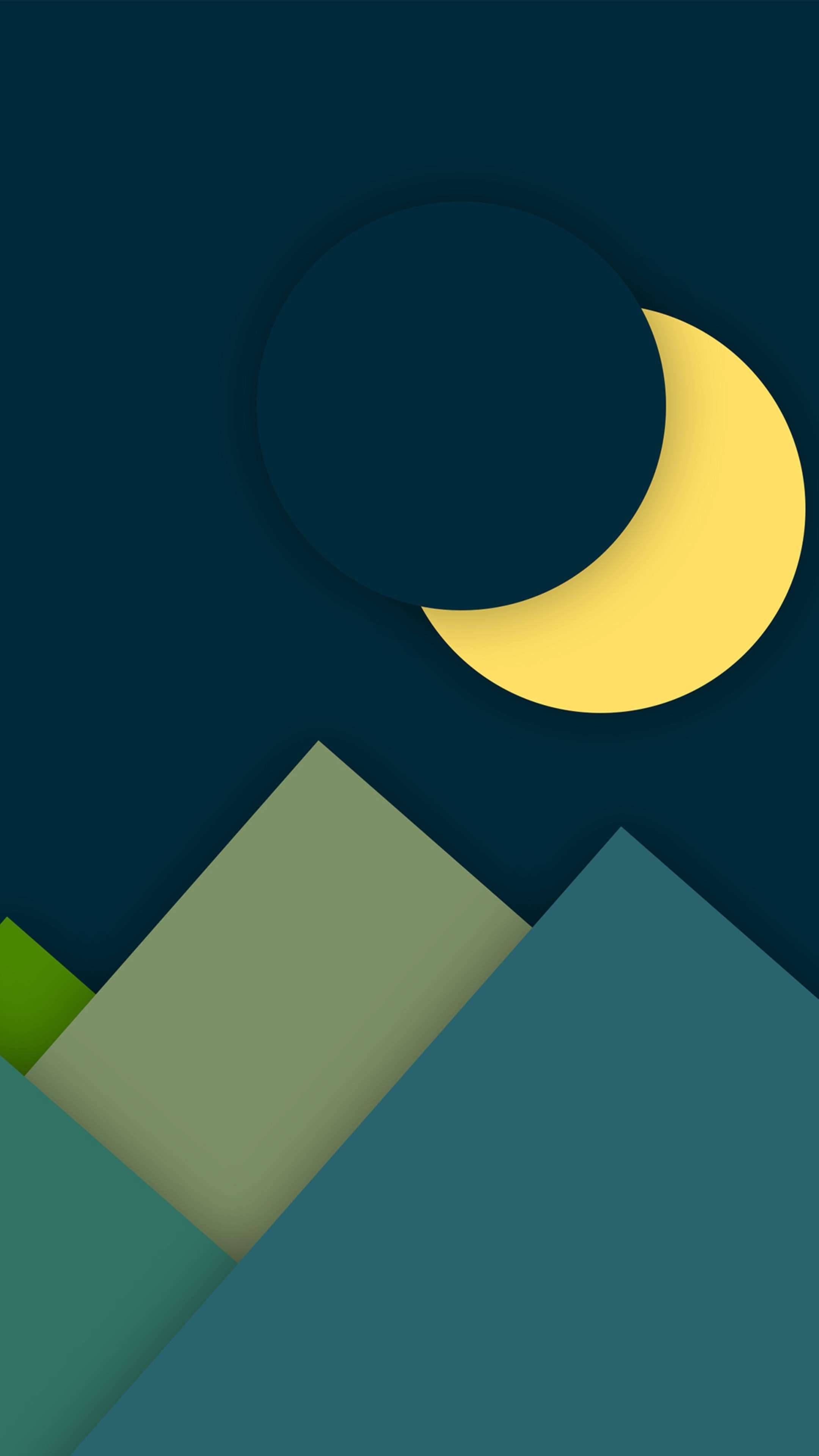 Minimalist Phone 桌布 壁紙 — 一幅極簡主義數位藝術作品，以深藍色和綠色呈現新月和抽象幾何山形。