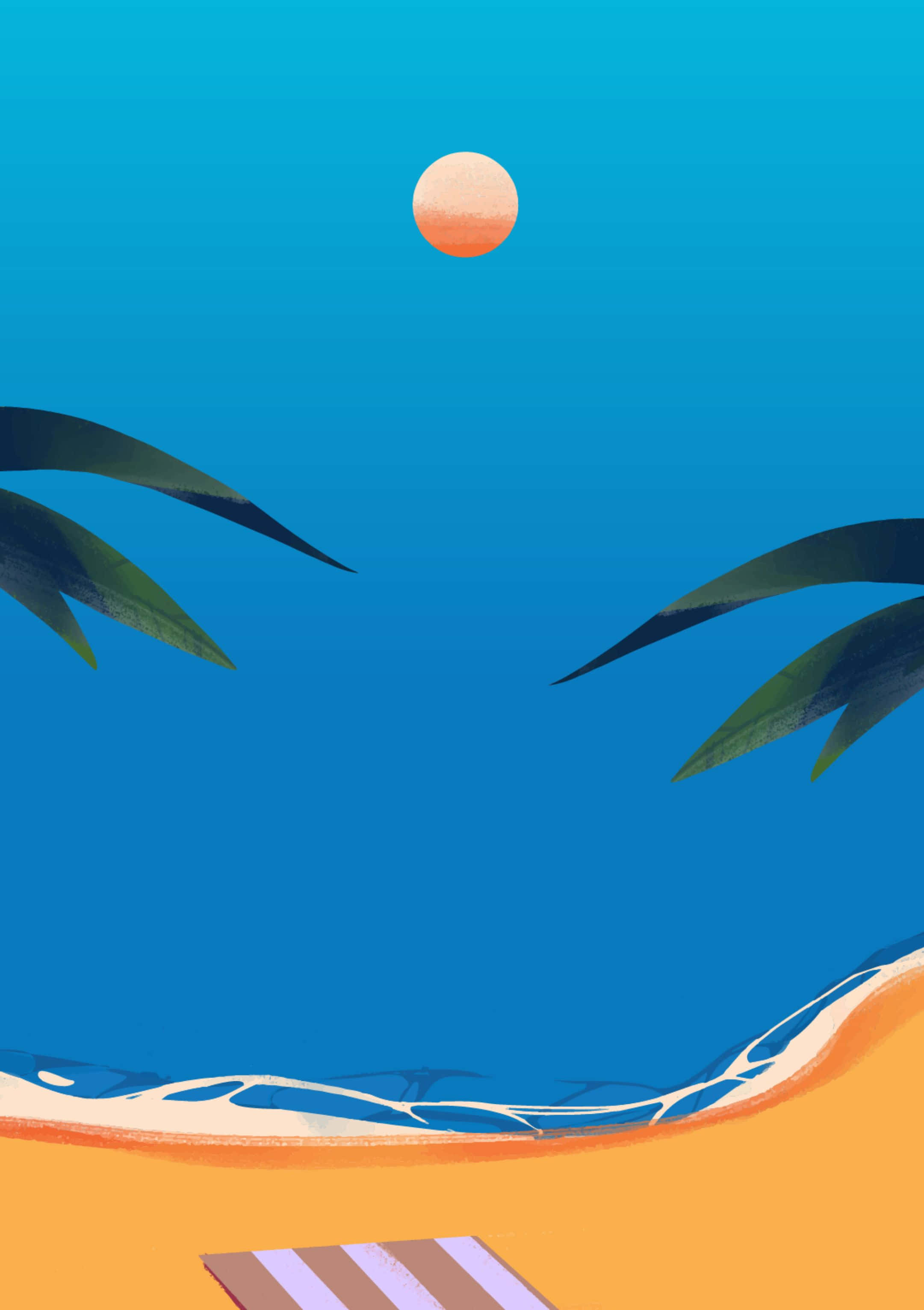 Minimalist Beach 桌布 壁紙 — 一幅極簡主義的海灘場景插圖，棕櫚葉框住一個明亮的橙色太陽，背景是漸變的藍色天空。