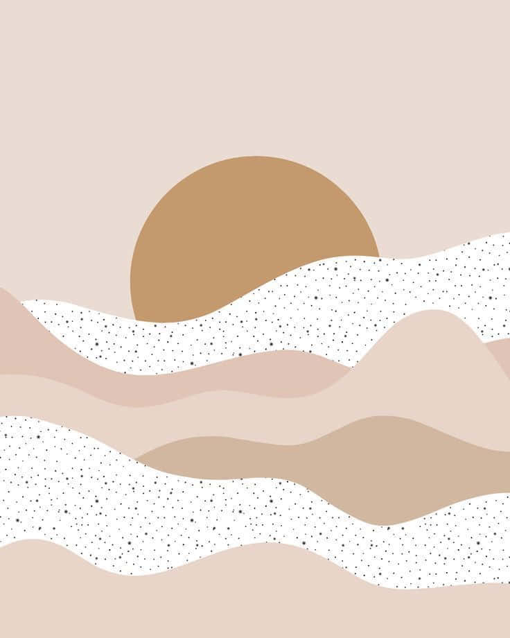 waves 桌布 壁紙 — 一幅極簡抽象插圖，描繪層疊波浪形態，一輪古銅色的太陽在帶有斑點的白色和米色起伏之上升起。