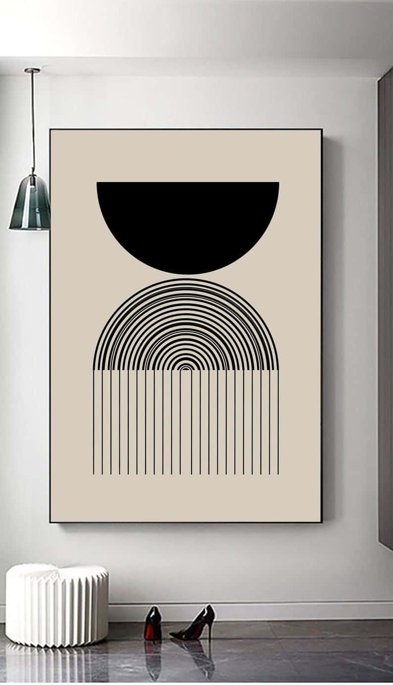 Minimalist Painting 桌布 壁紙 — 一幅極簡抽象藝術作品，帶有黑色半圓和同心弧線，掛在白色牆上，下方有一個白色凳子和紅色高跟鞋。