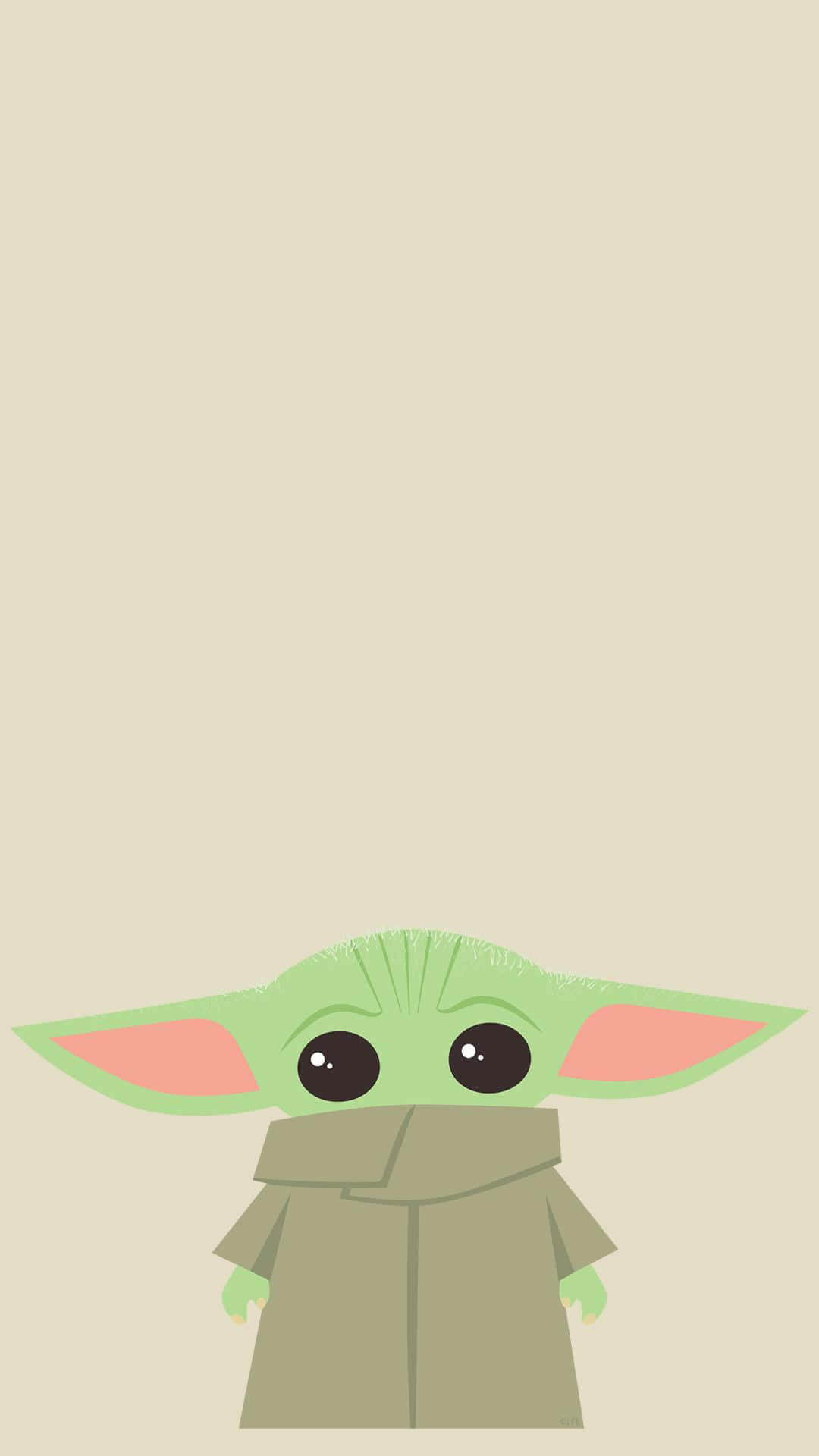 Baby Yoda Cartoon 桌布 壁紙 — 一幅極簡插圖，Grogu 從下方窺視，背景為米色。