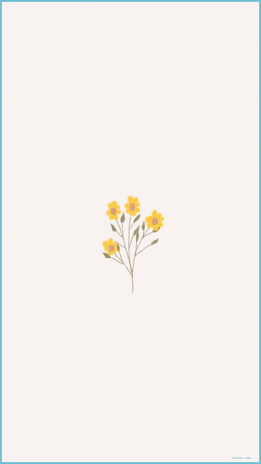 Minimalist Flower Computer 桌布 壁紙 — 一幅極簡插圖，五朵帶綠色莖的小黃花居中排列在淡奶油色背景上。