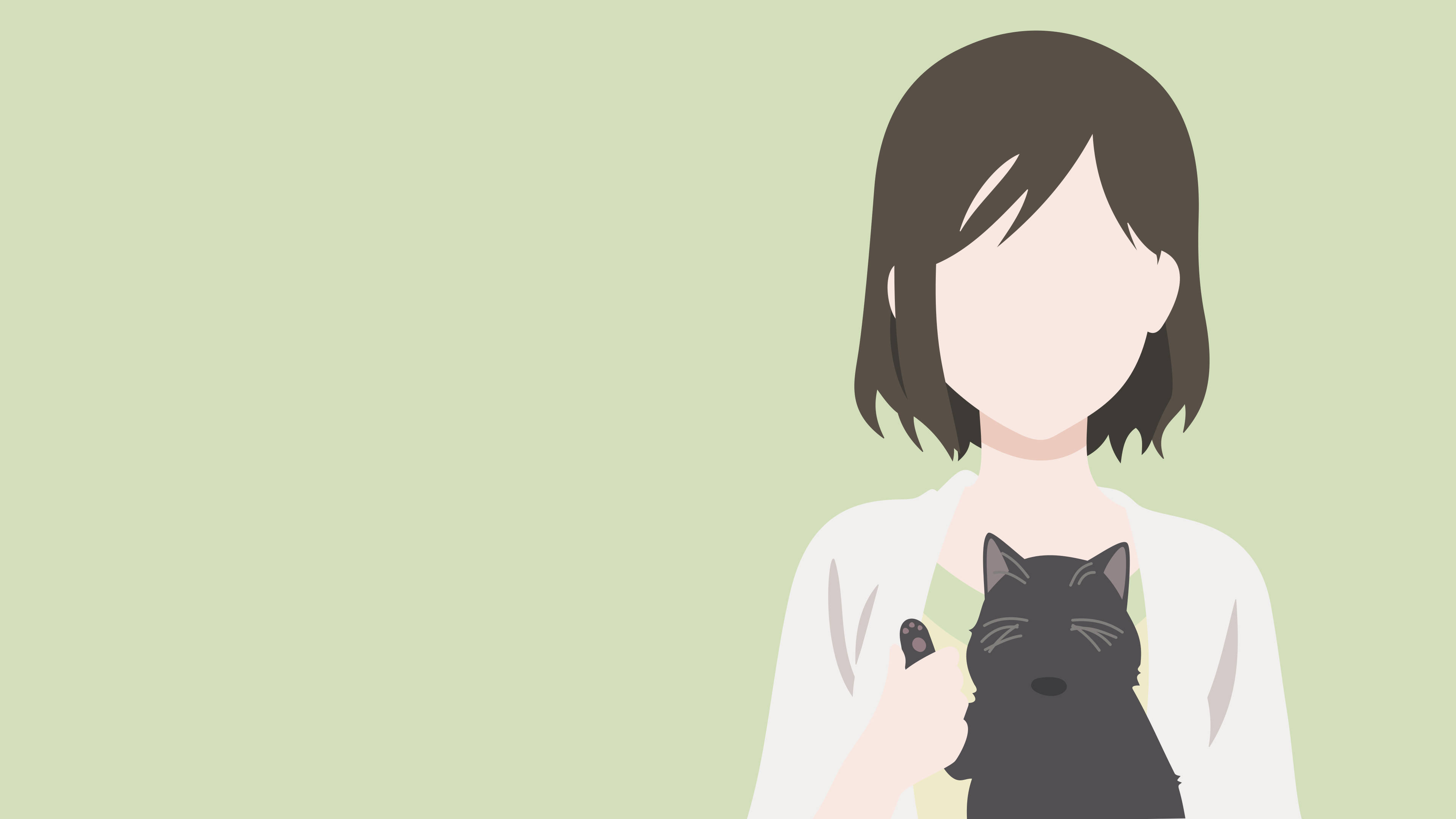 Makoto Shinkai 桌布 壁紙 — 一幅極簡插圖，描繪一個短棕髮的人抱著一隻黑貓，背景是淡綠色。