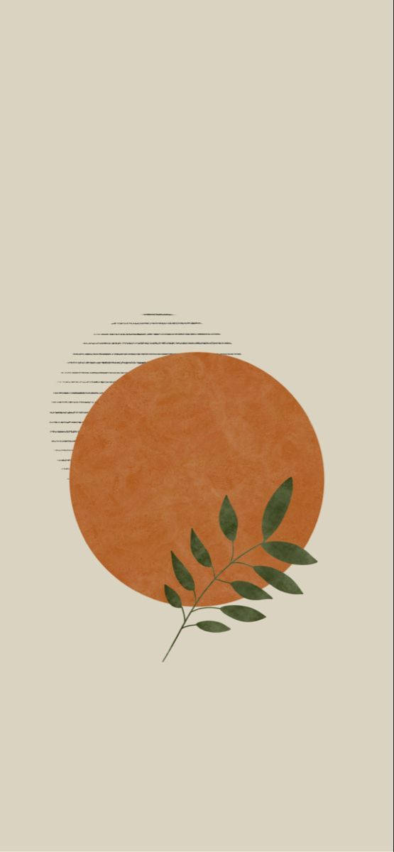 波希米亞風 桌布 壁紙 — 一幅極簡插圖，描繪一條綠色多葉的樹枝靠著一個有紋理的橙色圓圈，背景是米色。