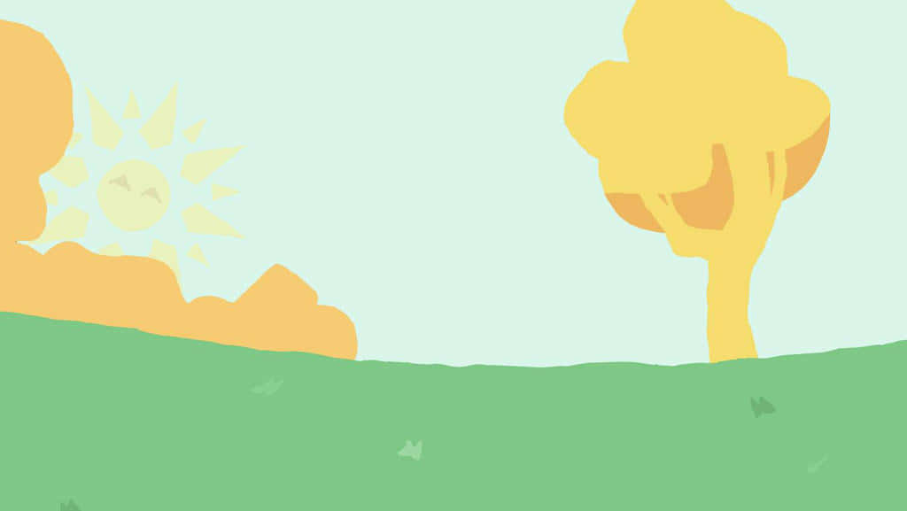 風景 桌布 壁紙 — 一幅極簡插圖，描繪太陽從山丘後探出，山丘上有一棵樹，下方是綠色田野，天空蒼白。