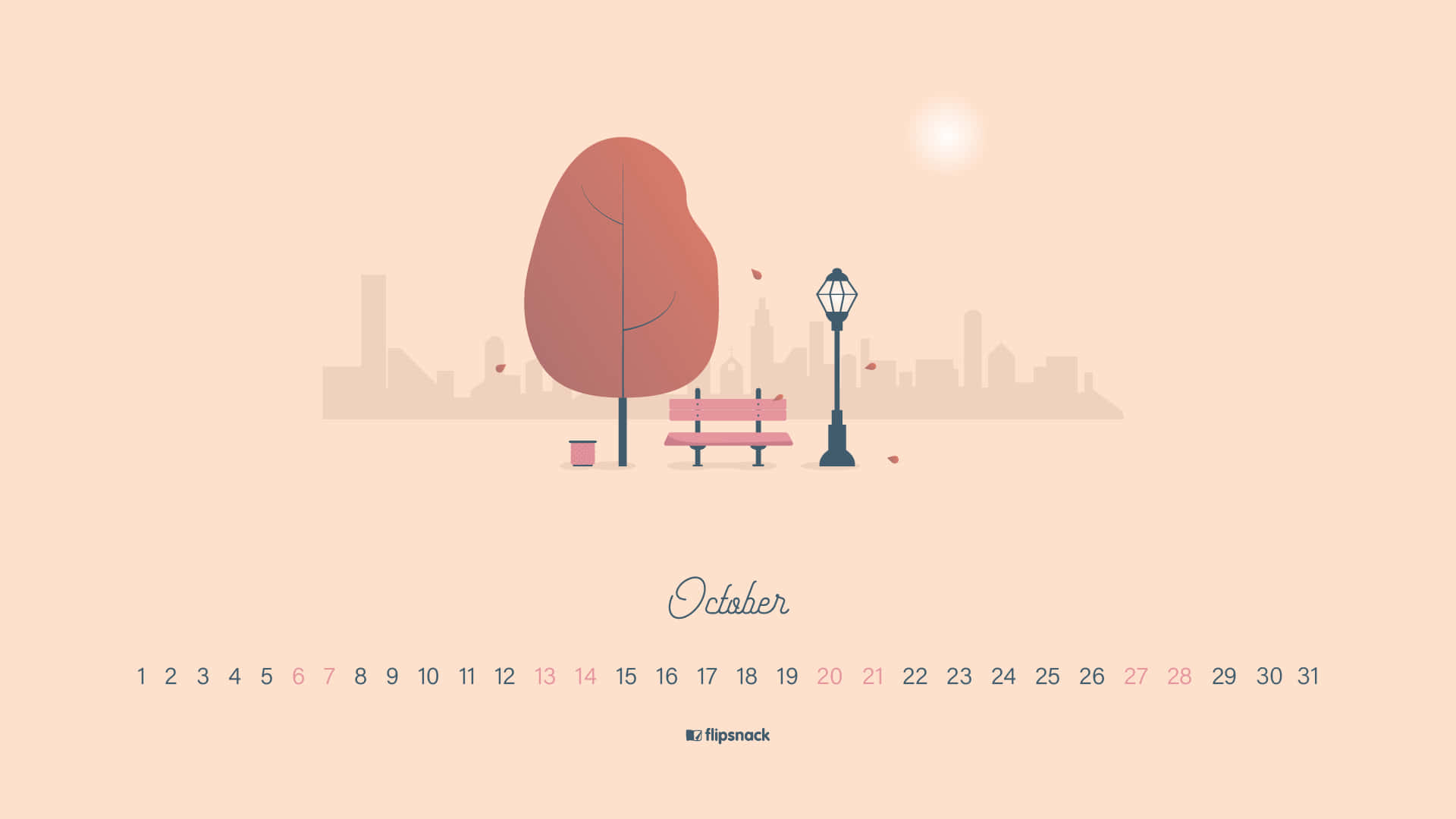October 2021 Calendar 桌布 壁紙 — 一幅極簡插圖，描繪日出時分，城市天際線背景下，一棵樹下公園長椅落葉飄飄的景象。