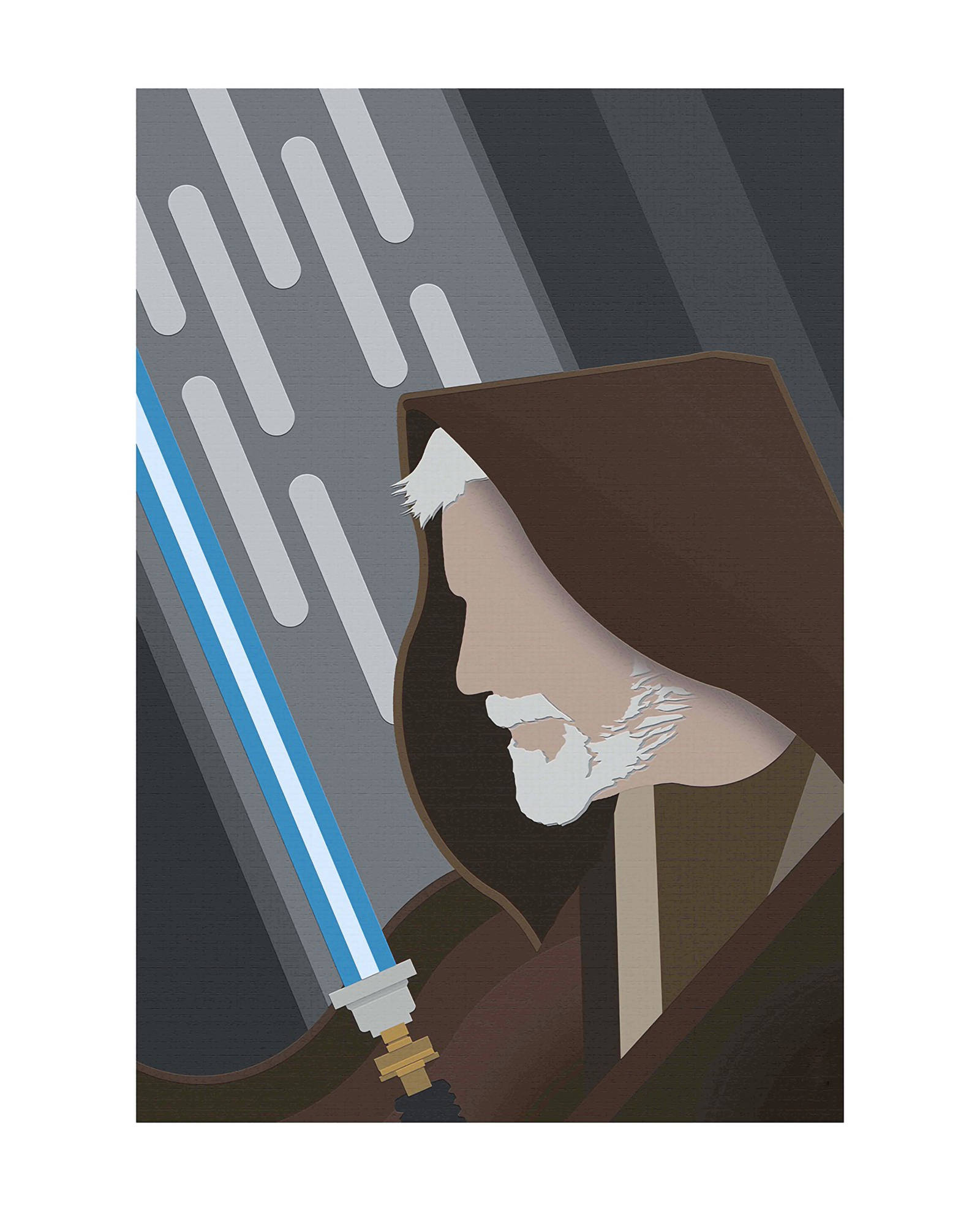 Kenobi 桌布 壁紙 — 一幅極簡插圖，描繪歐比王·肯諾比的側面，手持藍色光劍，背景為幾何灰色。