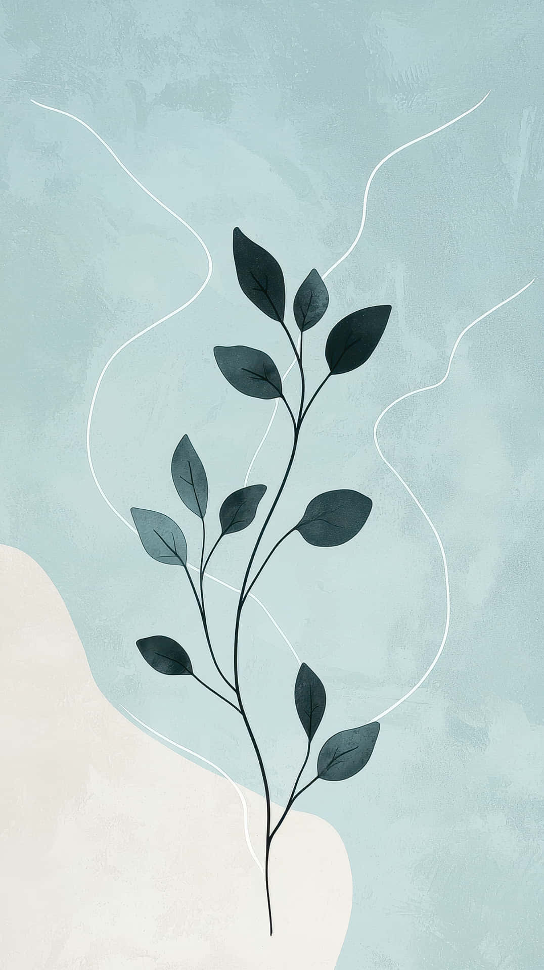 Minimalist botanical illustration on soft background 壁紙 — 一幅極簡插圖，描繪深綠色葉子長在細莖上，背景是柔和青綠色，帶有白色流動線條。