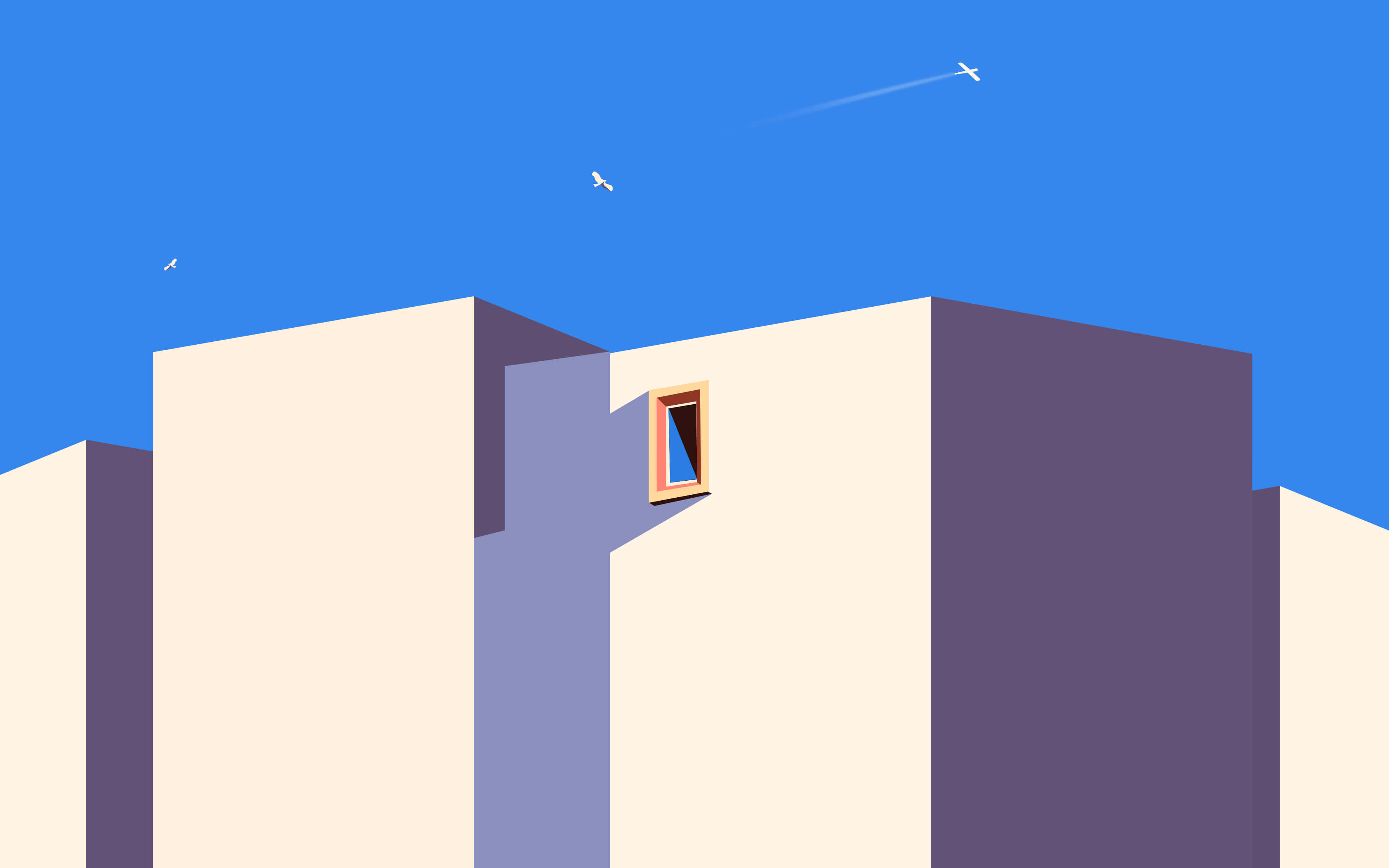 Building 桌布 壁紙 — 一幅極簡插圖，描繪米色和紫色的幾何建築，背景是明亮的藍天，有一扇小窗戶和飛鳥。