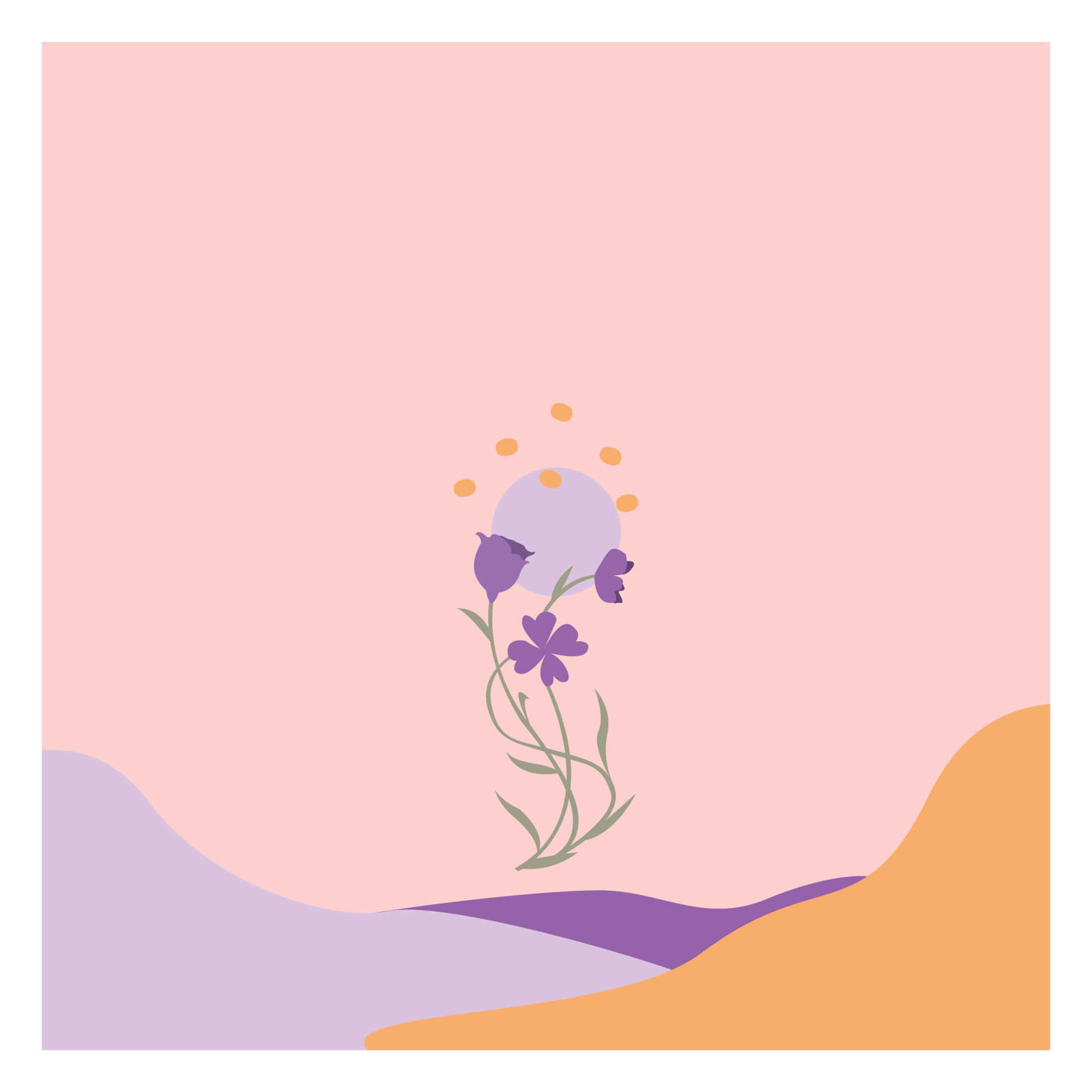 Lilac Color 桌布 壁紙 — 一幅極簡插圖，描繪紫色花朵和太陽，背景是柔和粉紅色的山丘，上方是粉彩天空。