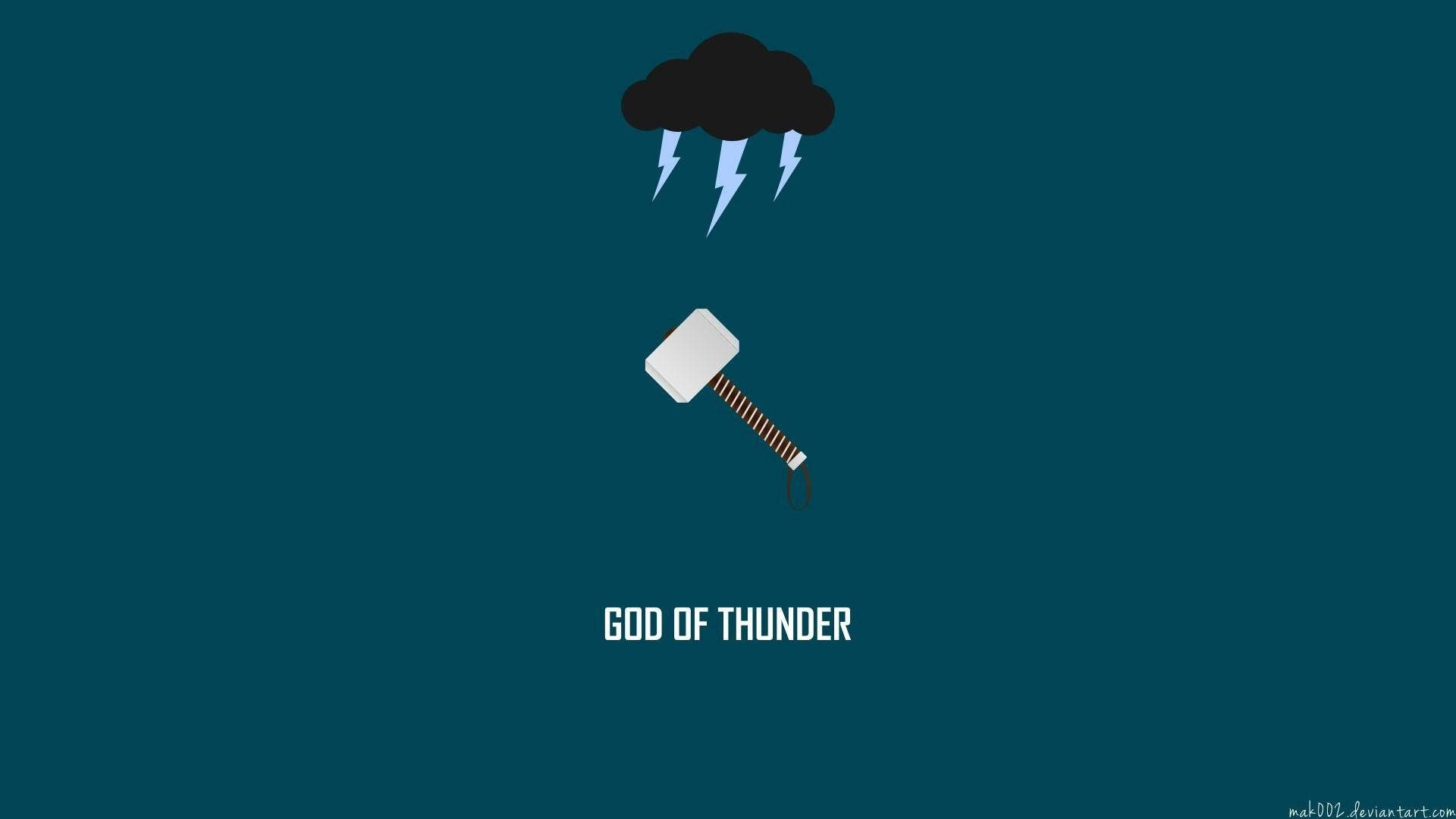 Thunderbolt 桌布 壁紙 — 一幅極簡插圖，描繪雷神之錘懸掛在帶有閃電的暴風雲下方，背景為青綠色。