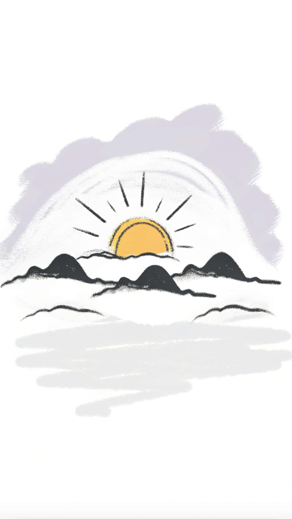 美學 桌布 壁紙 — 一幅極簡插圖，描繪黃色太陽在黑色山峰上升起，伴隨著柔和的薰衣草色雲朵和白色筆觸。
