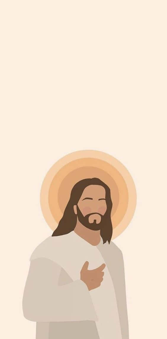 Aesthetic Jesus 桌布 壁紙 — 一幅極簡插畫，描繪耶穌帶有光環，手放在胸前，背景為柔和米色。