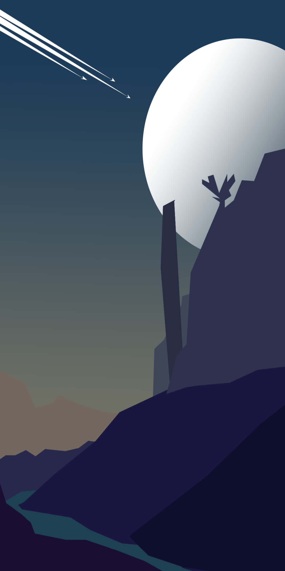 Pixel 3 Minimal 桌布 壁紙 — 一幅極簡數位插圖，描繪一棵孤樹在黑暗山脈上方，以巨大月亮和劃過流星為背景的剪影。
