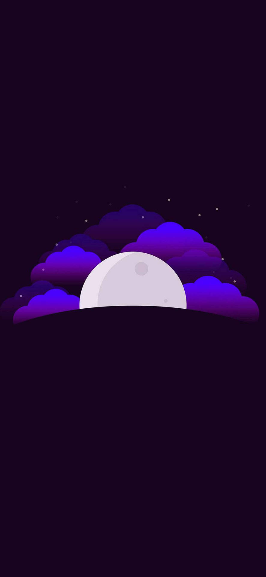 一輪蒼白的月亮在點綴著星星的黑暗夜空中從紫色雲朵後升起。 — 簡約 Android 桌布 壁紙