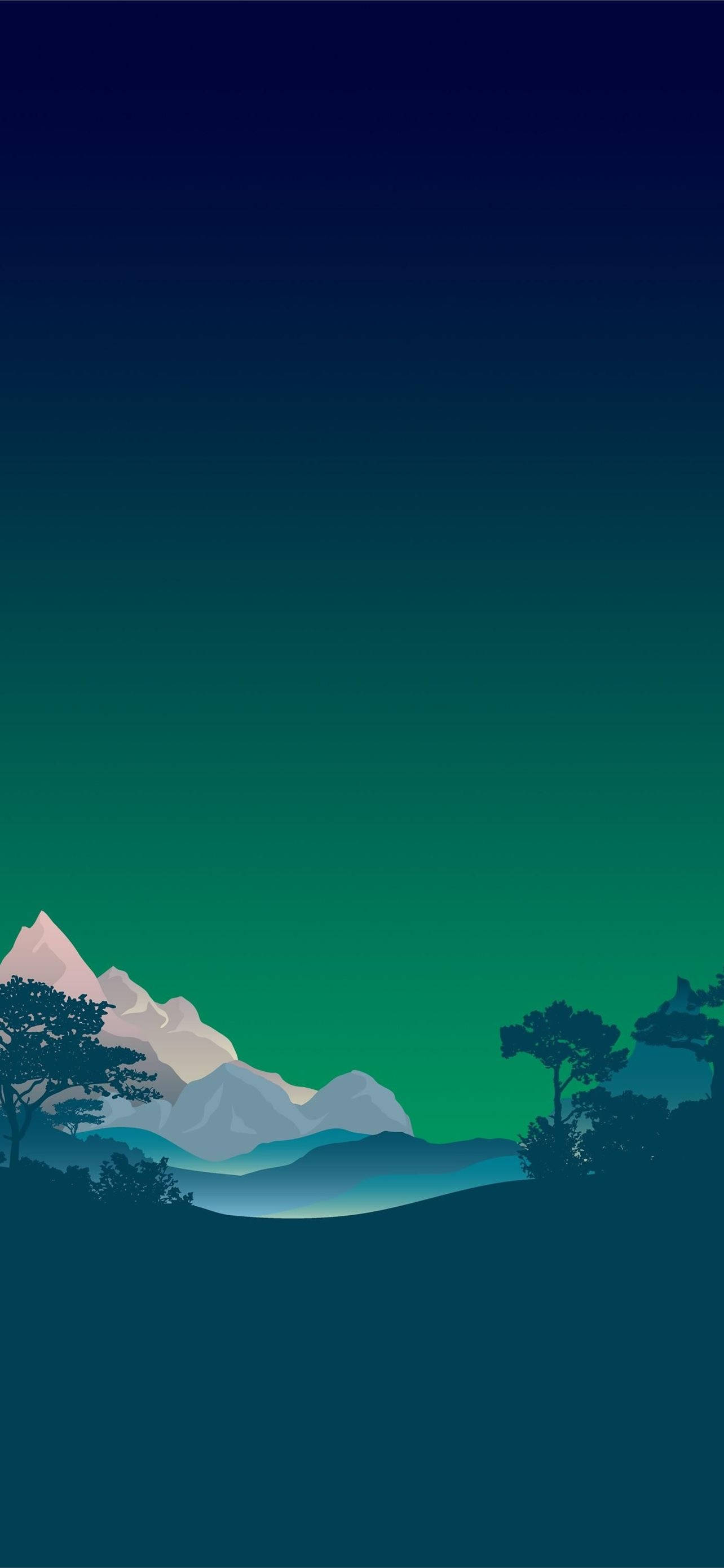 綠色天空 桌布 壁紙 — 一幅極簡數位插圖，描繪積雪覆蓋的山脈，背景是青綠色與海軍藍的漸變天空，山腳有剪影樹木。