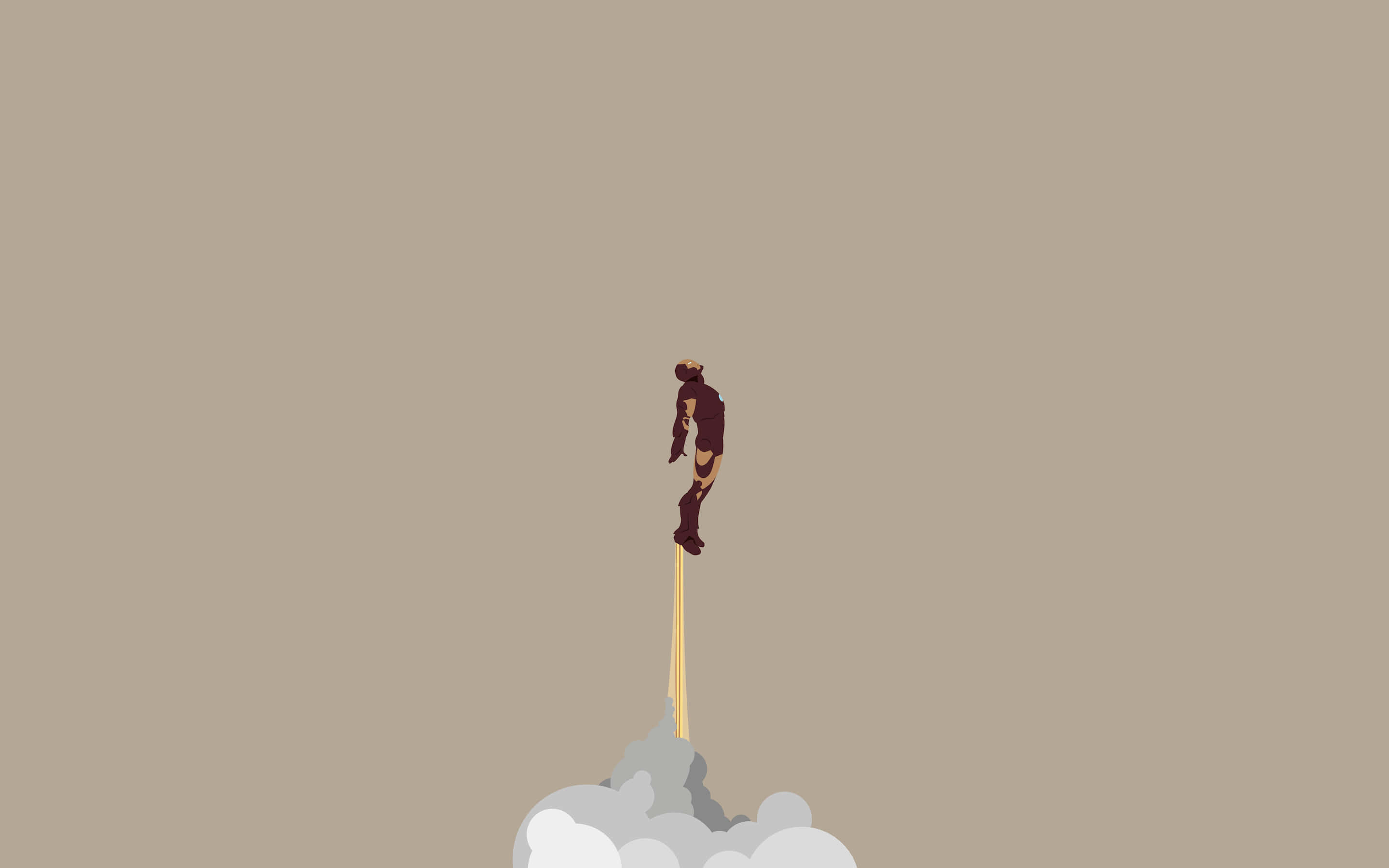 Simplistic 桌布 壁紙 — 一幅極簡數位插圖，描繪鋼鐵人在柔和米色背景上，沿著噴射氣流翱翔於雲端之上。