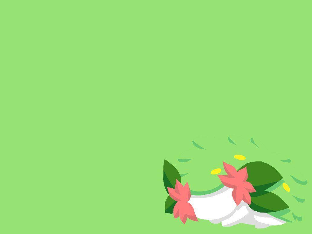 Shaymin 桌布 壁紙 — 一幅極簡數位插圖，粉紅花朵和綠葉輕輕漂浮在純淺綠色背景上。