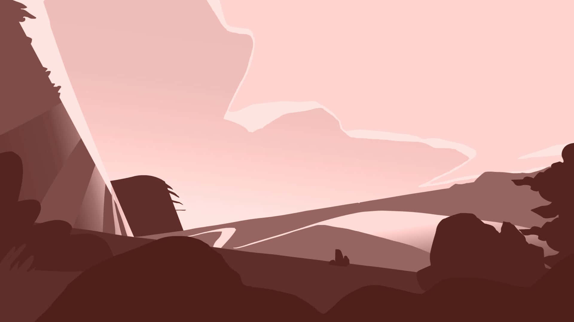 Bfdi 桌布 壁紙 — 一幅極簡數位插畫，描繪一個寧靜的山谷，沐浴在柔和的粉紅色和紫紅色暮色中。