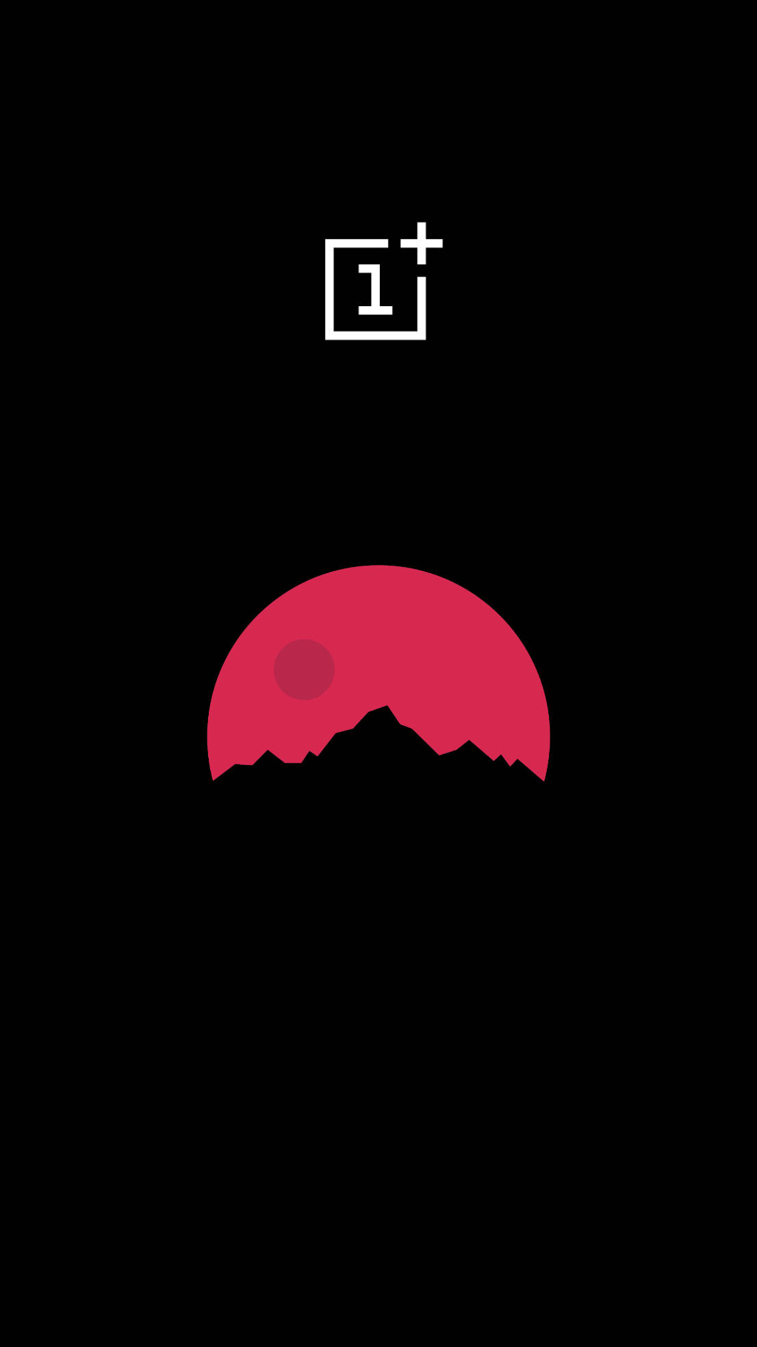 AMOLED 桌布 壁紙 — 一幅極簡數位藝術作品，描繪紅色夕陽落在黑色山脈剪影後方，上方有OnePlus標誌。