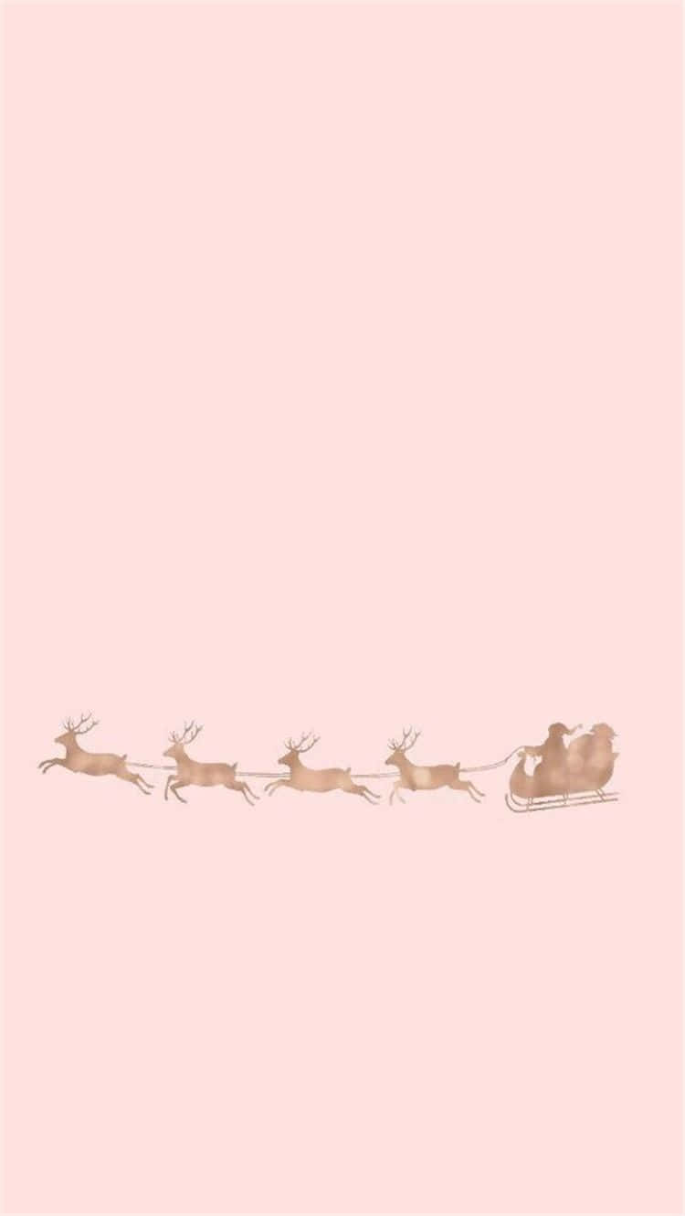 Cute Simple Christmas 桌布 壁紙 — 一幅極簡水彩插畫，描繪聖誕老人乘坐由四隻馴鹿拉動的雪橇，背景為柔和粉紅色。