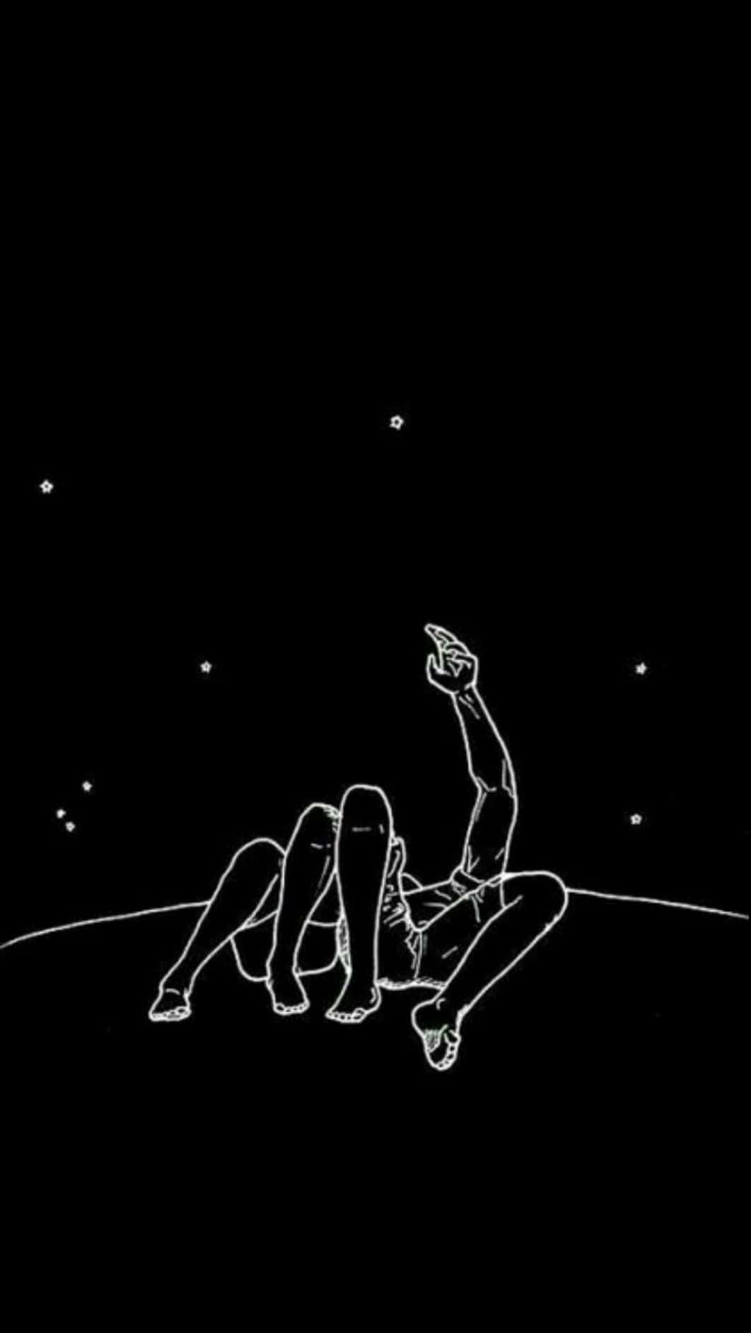 桌布 壁紙 — 一幅極簡白色線條畫，描繪一個人躺在彎曲的地平線上，指向黑色虛空中的星星。