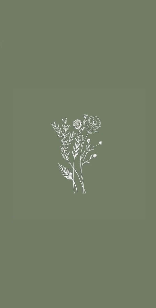 Olive Green 桌布 壁紙 — 一幅極簡白色線條畫，描繪精緻的野花和莖，居中於柔和的橄欖綠背景上。
