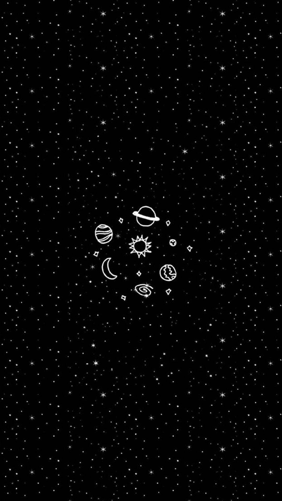 Stars 桌布 壁紙 — 一幅極簡白色線條繪畫的天體，漂浮在繁星點點的黑色夜空上。