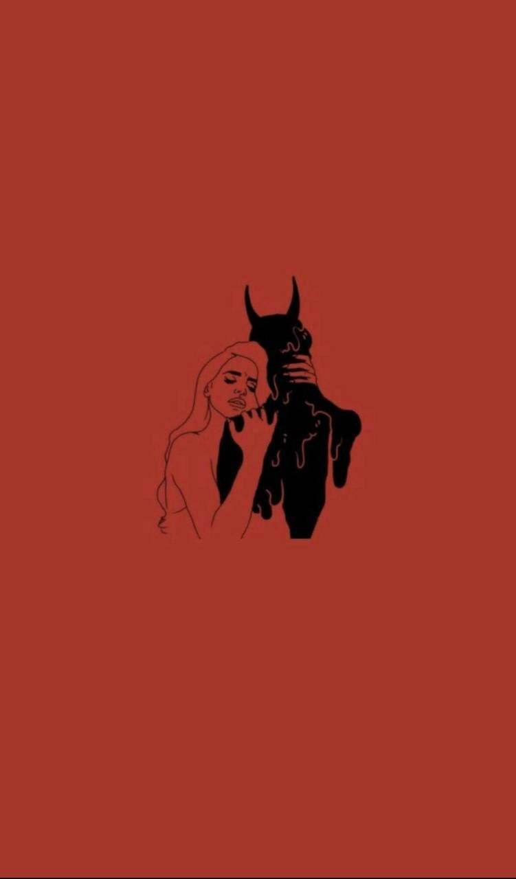 Sad Demon Girl 桌布 壁紙 — 一幅極簡線條畫，描繪一位女性在純紅色背景上擁抱一個黑色惡魔形象。