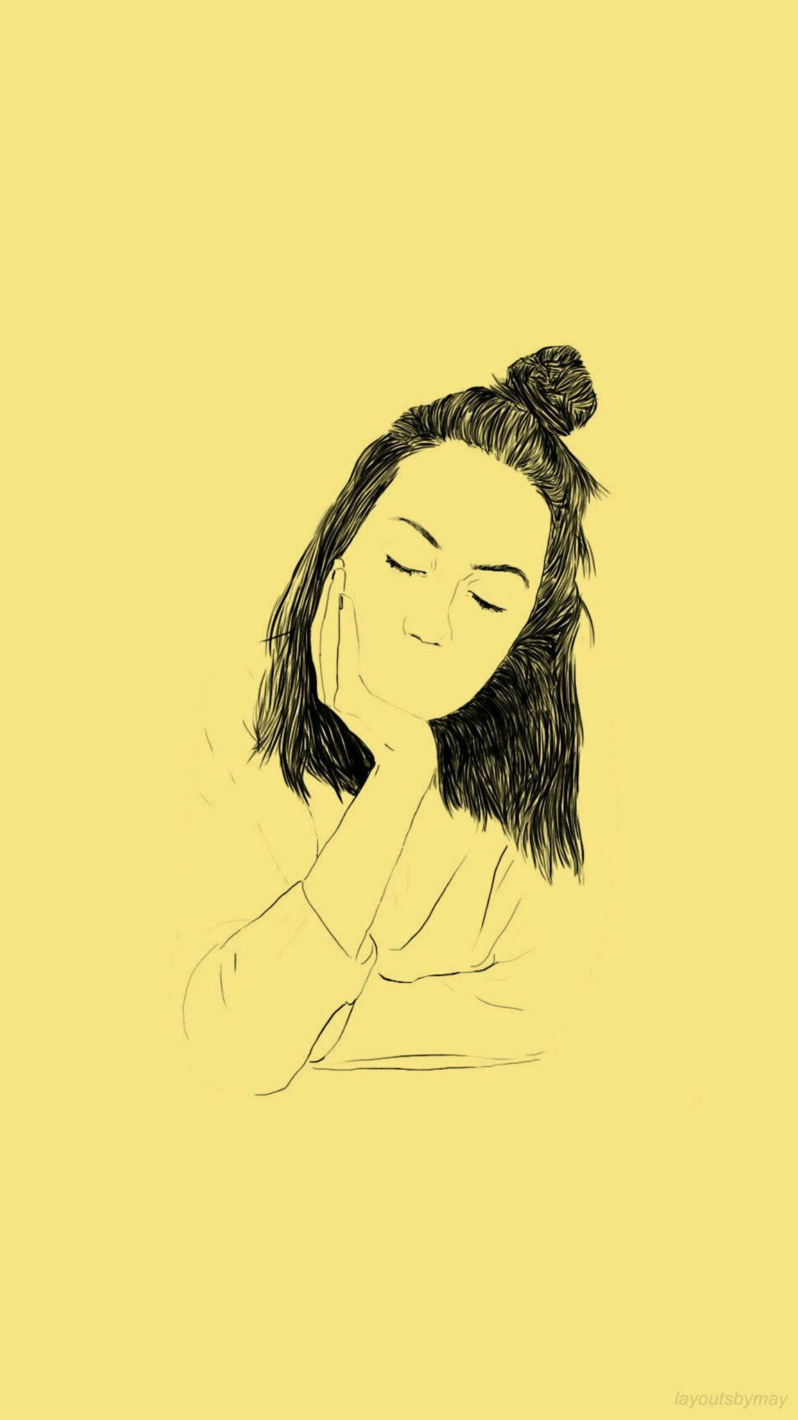 Pastel Yellow Aesthetic 桌布 壁紙 — 一幅極簡線條畫，描繪一位閉著眼睛、將臉頰靠在自己手上的女性，背景為純黃色。