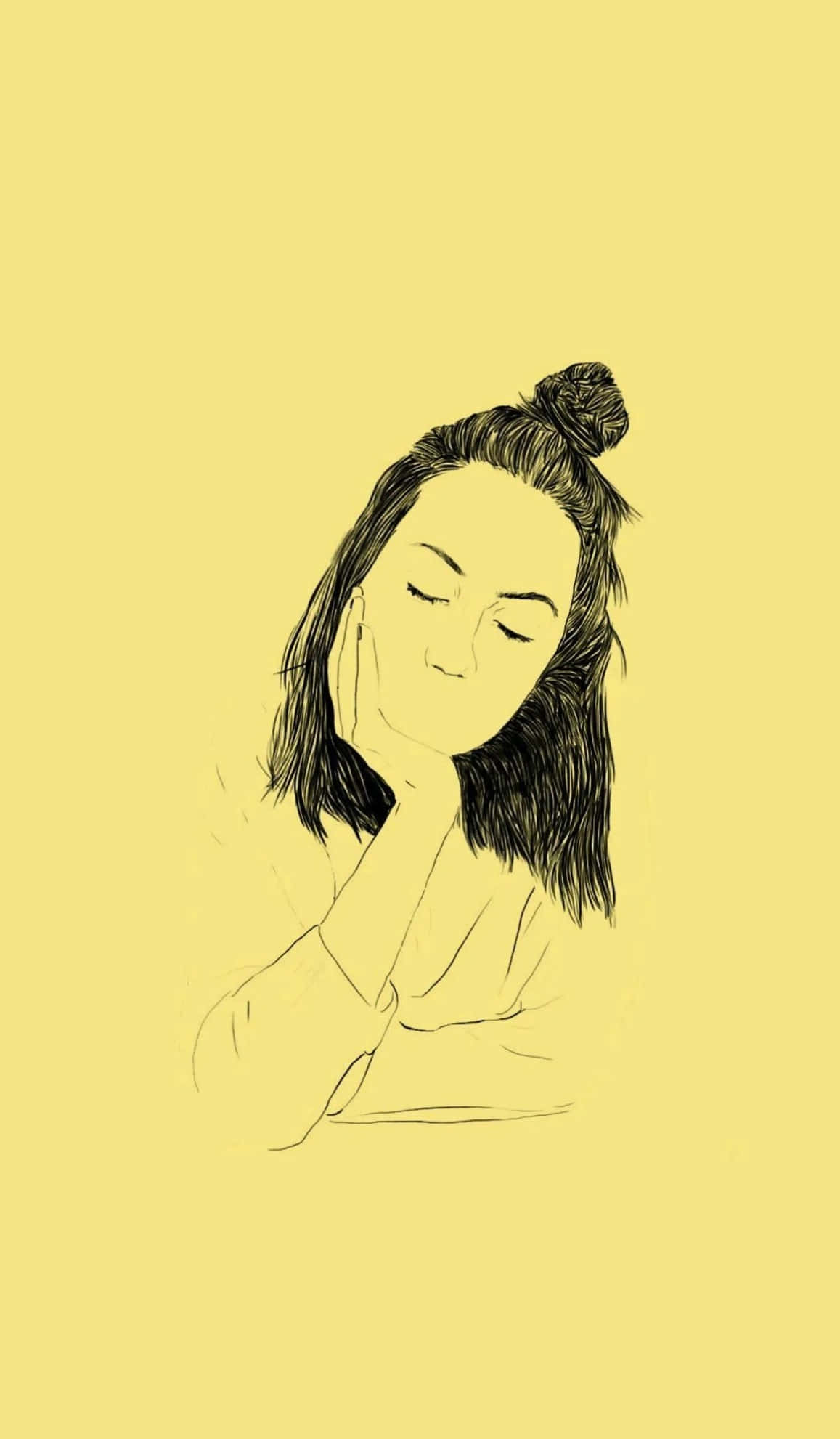 Aesthetic Drawings 桌布 壁紙 — 一幅極簡線條畫，描繪一位閉著眼睛、將臉頰靠在手上的女性，背景為純黃色。
