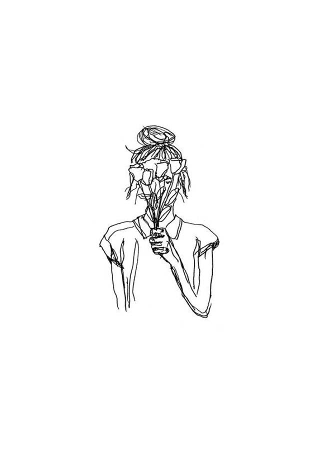 Aesthetic Drawings 桌布 壁紙 — 一幅極簡線條畫，描繪一個人手持花朵遮住臉部，背景為純白色。