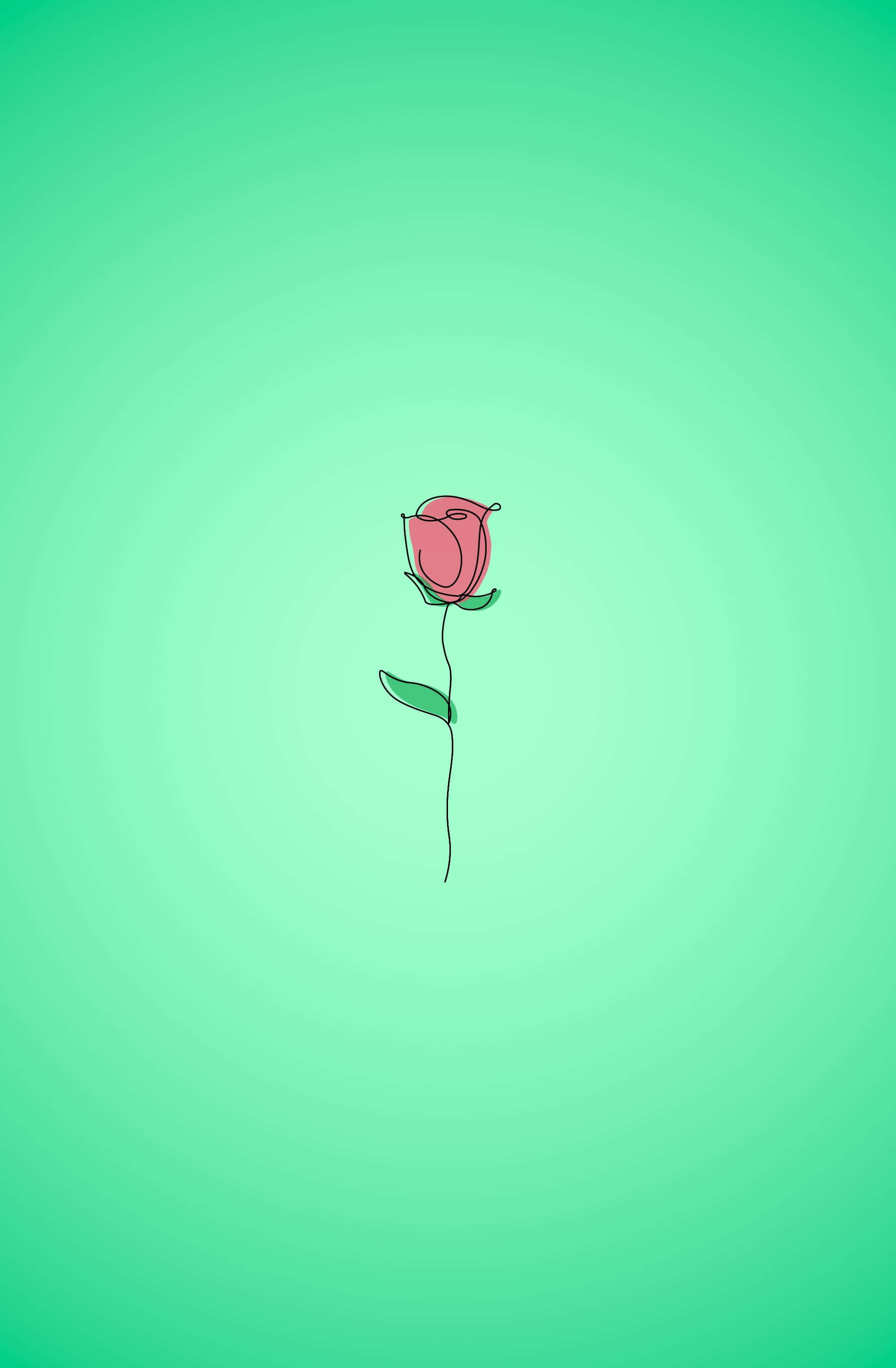 Kawaii Flower 桌布 壁紙 — 一幅極簡線條畫，描繪一朵帶綠葉的粉紅玫瑰，背景為漸層薄荷綠色。