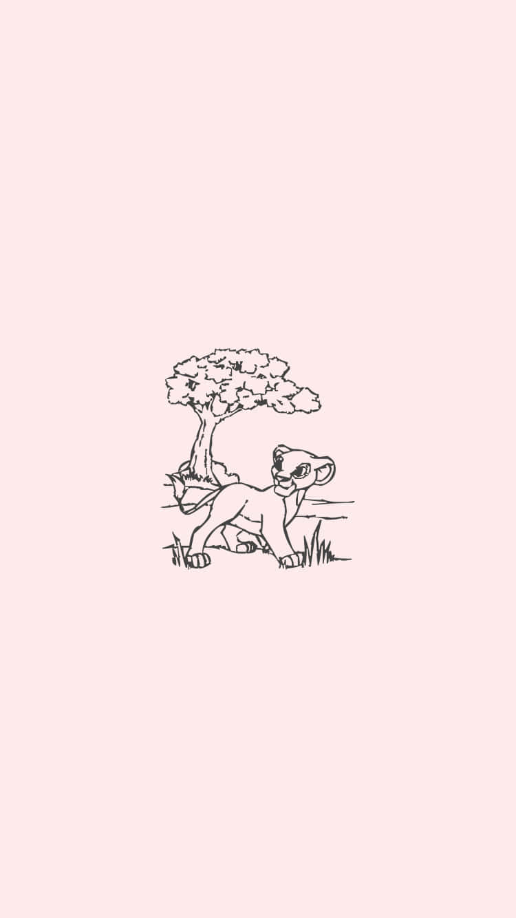 桌布 壁紙 — 一幅極簡線條畫，描繪一隻幼獅站在樹旁，背景為柔和粉紅色。