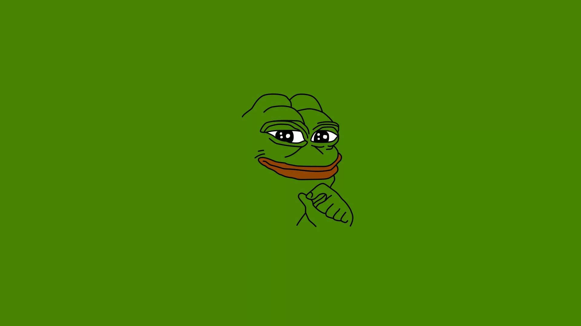 meme 桌布 壁紙 — 一幅極簡線條畫，描繪了青蛙佩佩在純綠色背景上帶著得意的笑容。