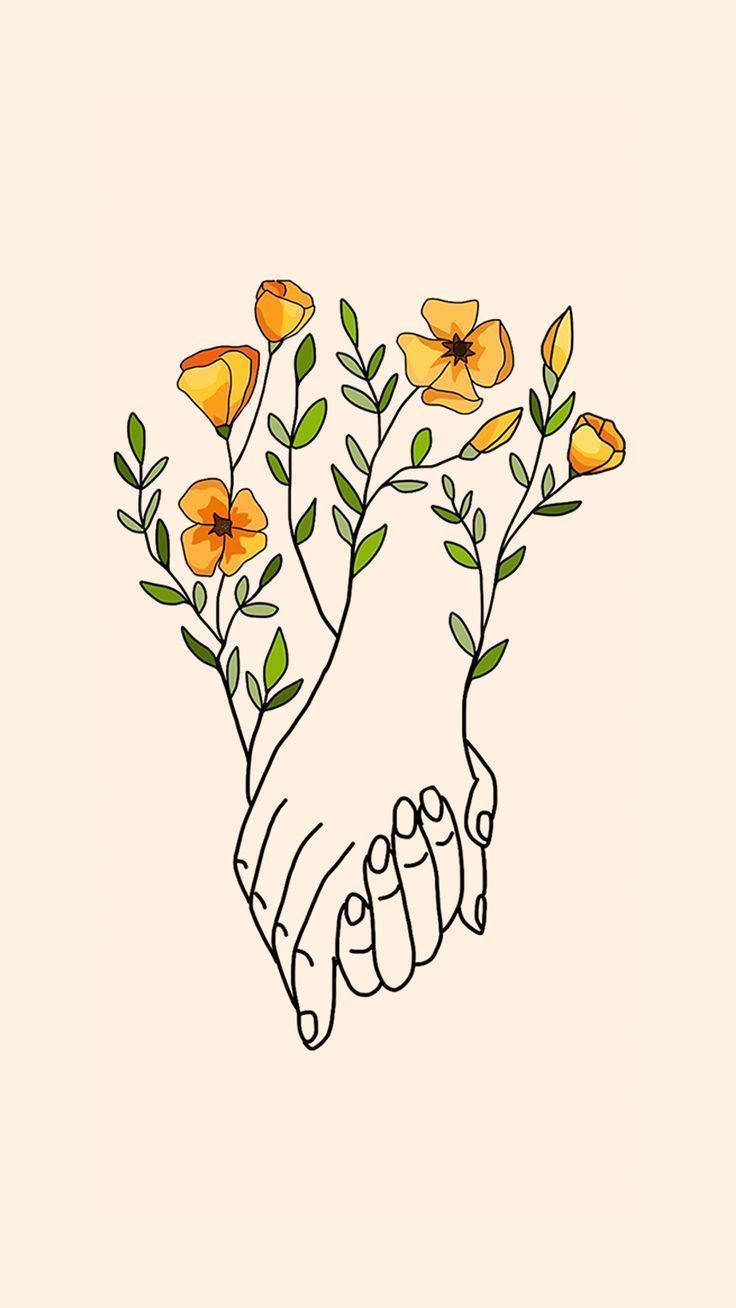 hand 桌布 壁紙 — 一幅極簡線條畫，描繪兩隻手輕輕捧著一束橙色罌粟花和綠葉，背景為柔和的米色。