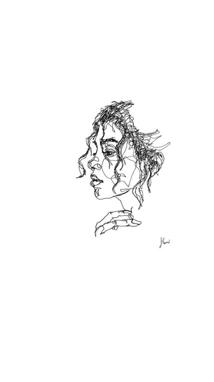 美學藝術 桌布 壁紙 — 一幅極簡線條畫，描繪女性側面臉龐，秀髮飄逸，手靠近下巴。