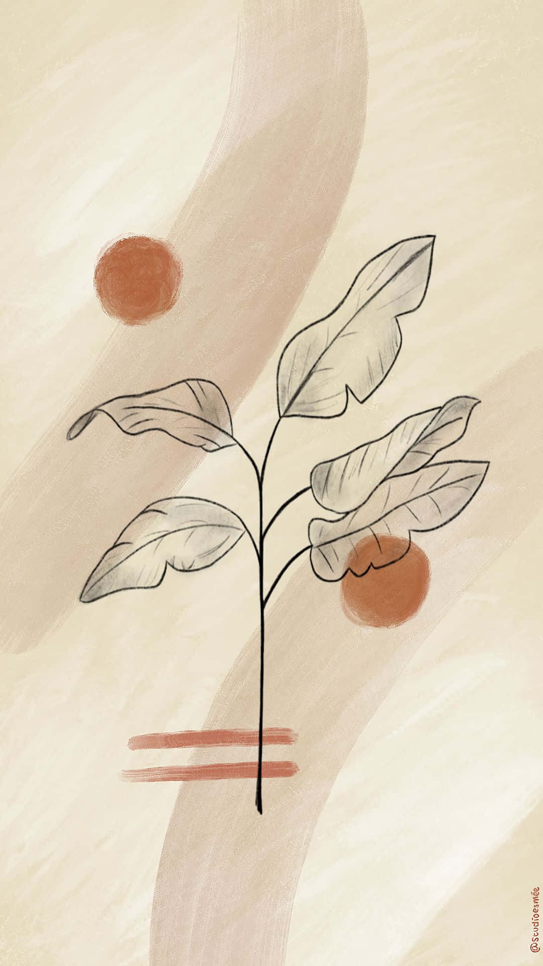 Neutral Aesthetic 桌布 壁紙 — 一幅極簡線條畫，描繪植物葉片和橙色球體，背景為柔和米色抽象筆觸。