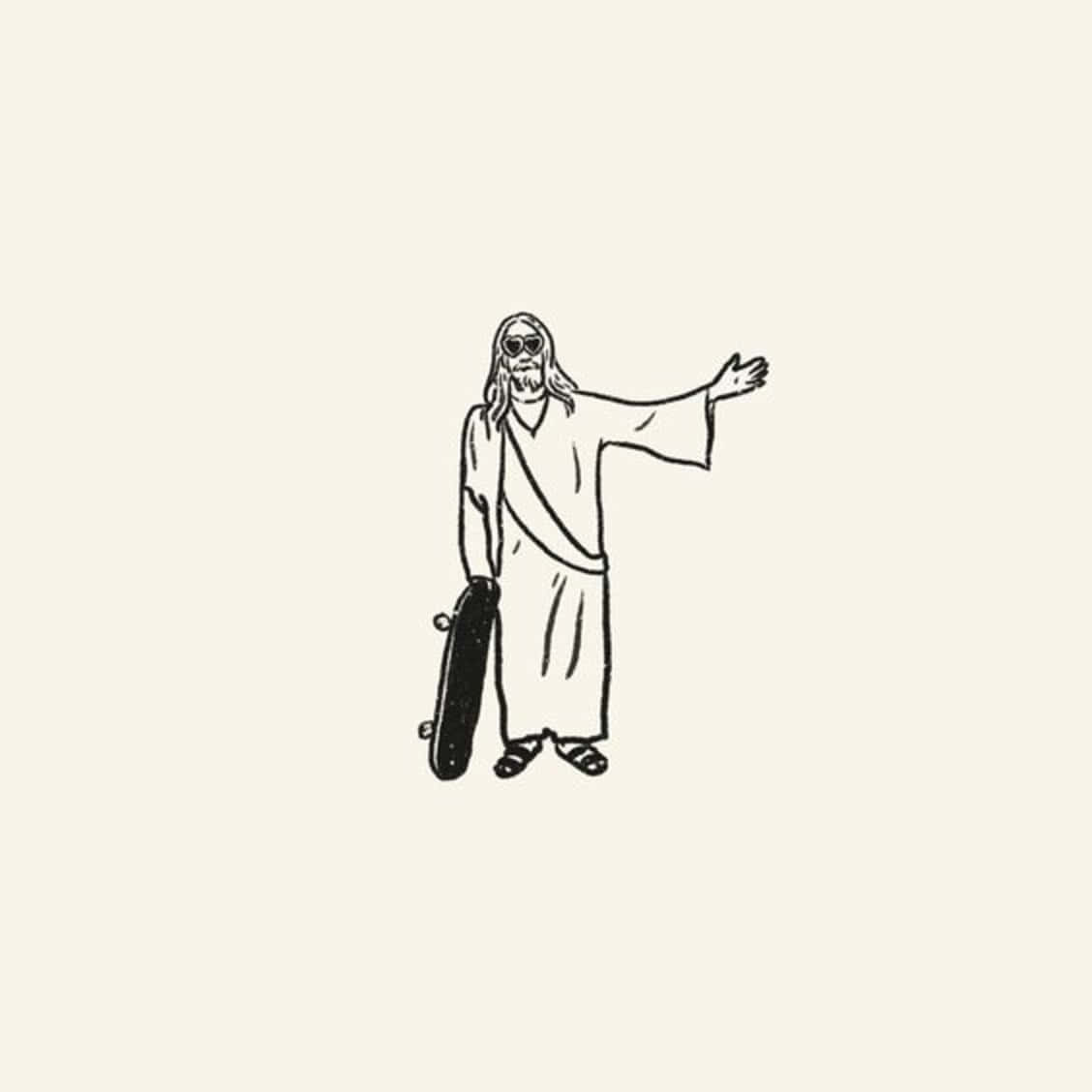 Cool Jesus 桌布 壁紙 — 一幅極簡線條畫，描繪耶穌戴著太陽眼鏡，手持滑板，熱情地做手勢。