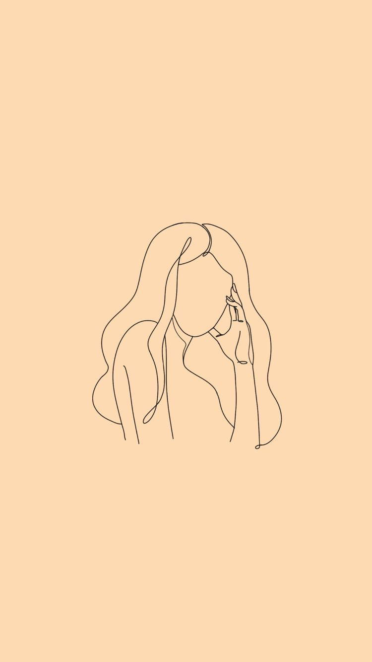 米色風格 桌布 壁紙 — 一幅極簡線條畫，描繪長髮女性輕觸臉龐，背景為柔和蜜桃色。