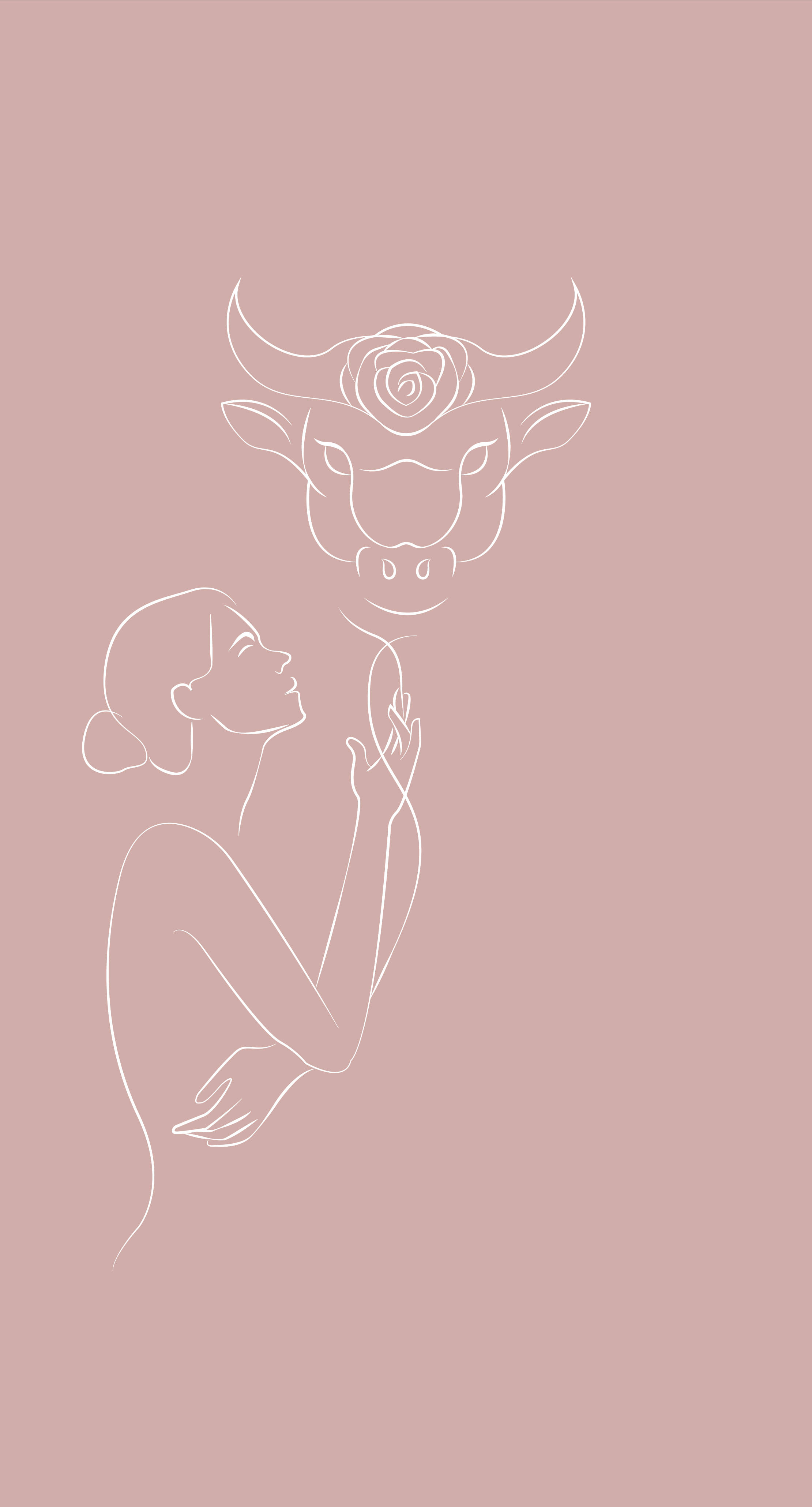 zodiac 桌布 壁紙 — 一幅極簡線條畫描繪了一位女性輕柔地觸摸著一頭公牛的面部，公牛臉上裝飾著一朵玫瑰，背景是柔和的粉紅色。