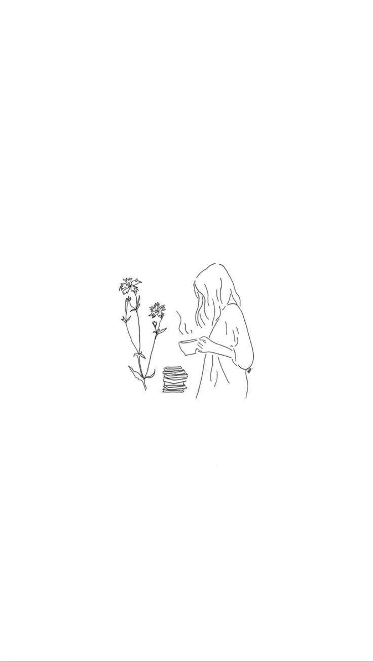 極簡美學 桌布 壁紙 — 一幅極簡線條畫描繪了一個長髮的人拿著一杯冒熱氣的咖啡，旁邊有一棵高大的開花植物和一疊書。