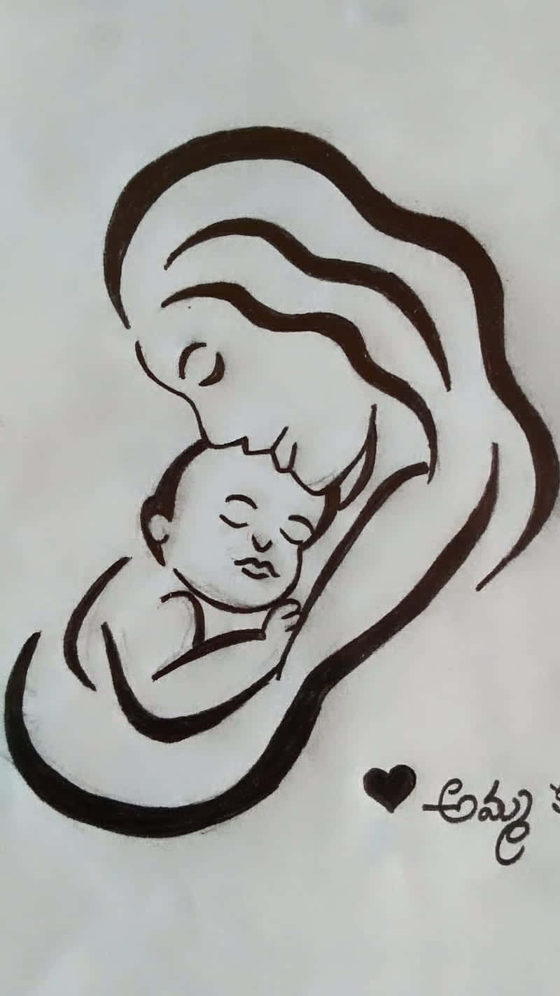 sketch 桌布 壁紙 — 一幅極簡線條畫描繪母親溫柔地親吻她熟睡的嬰兒，嬰兒被流暢的曲線包裹著。