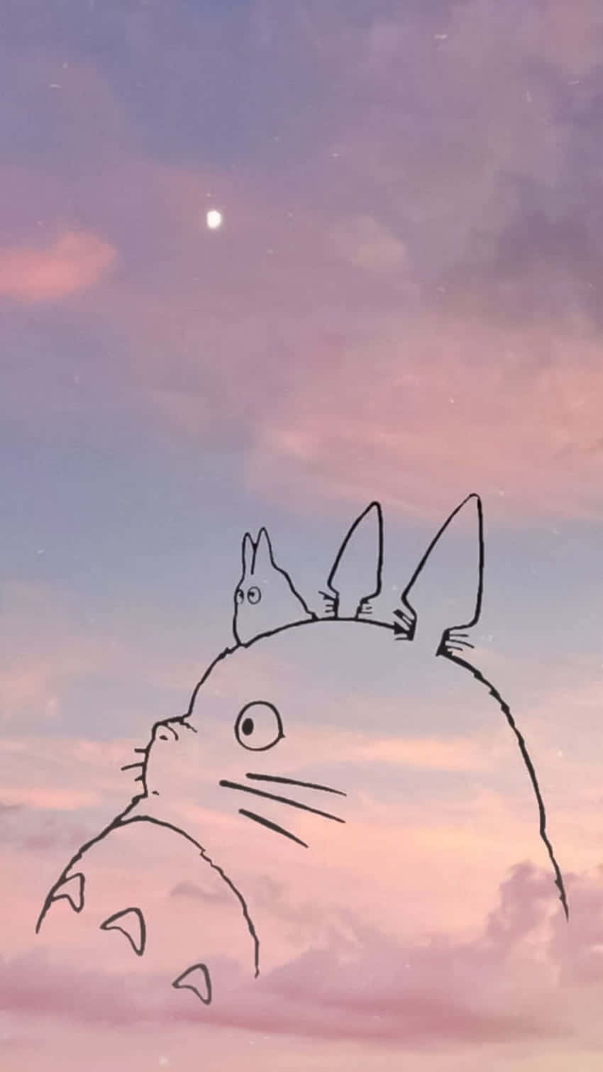 Line Art 桌布 壁紙 — 一幅極簡線條畫的龍貓仰望粉紫調的暮色天空，可見月亮。