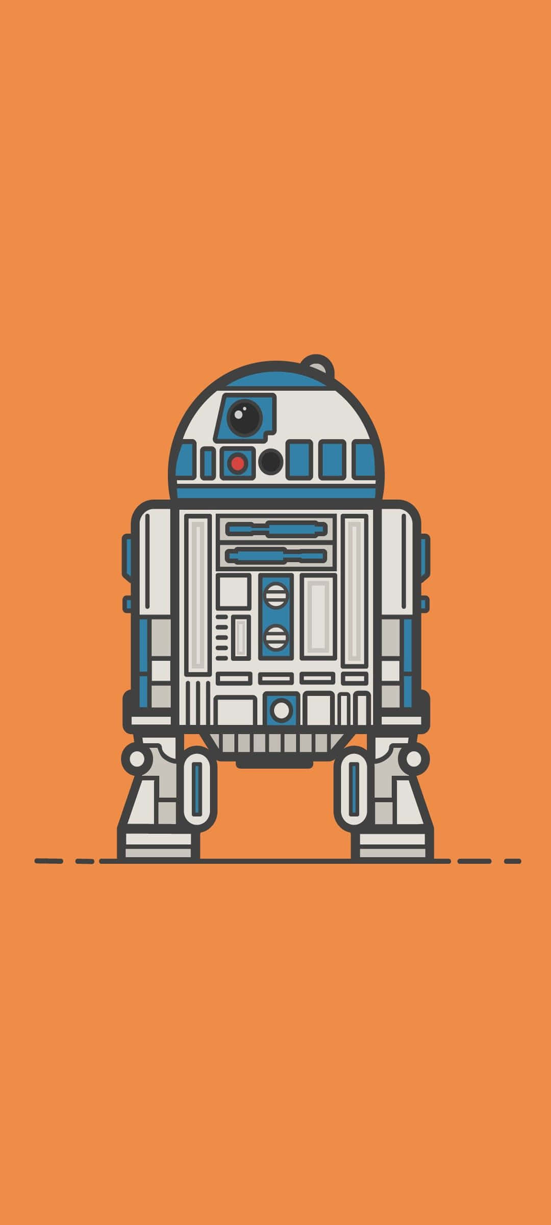 r2d2 桌布 壁紙 — 一幅極簡線條藝術插圖，R2-D2 機器人居中站立在純橙色背景上。