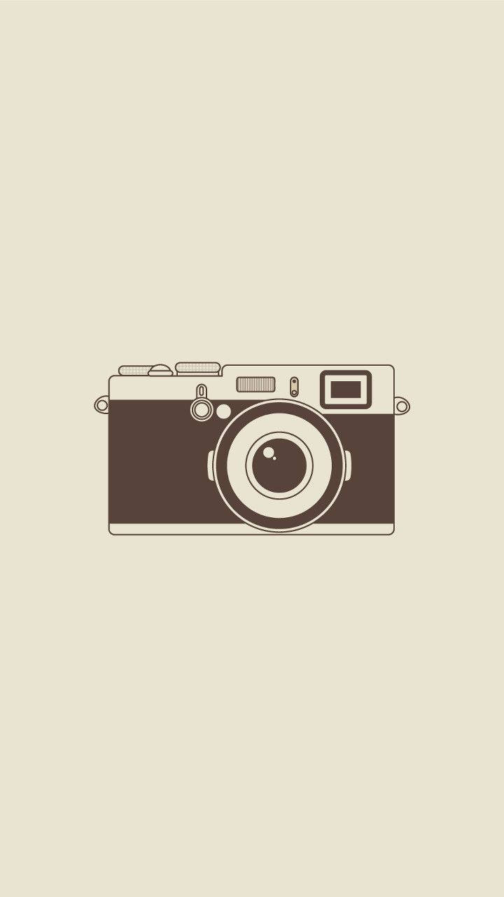 Vintage Minimalist 桌布 壁紙 — 一幅極簡線條藝術插圖，中央放置一台復古相機，背景為米色。