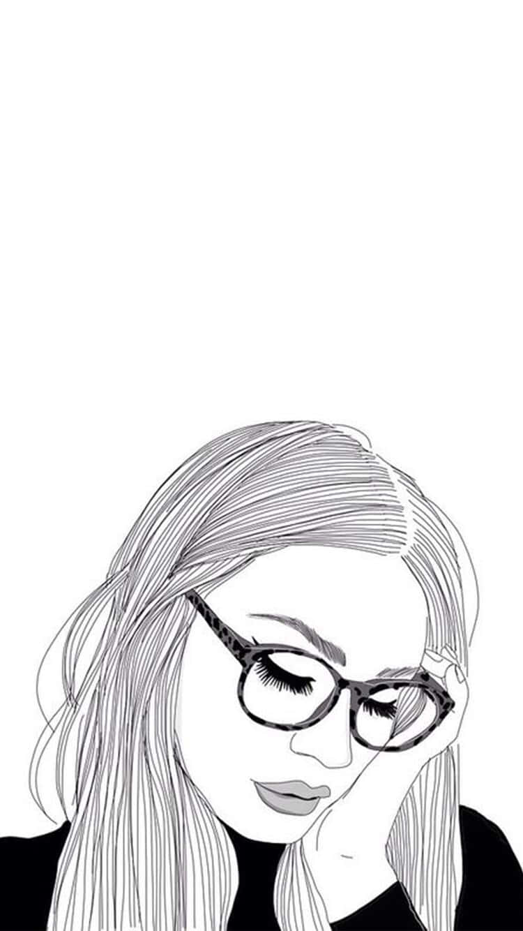 桌布 壁紙 — 一幅極簡線條藝術插圖，描繪一位戴眼鏡的女性，在純白背景上將頭靠在手上。